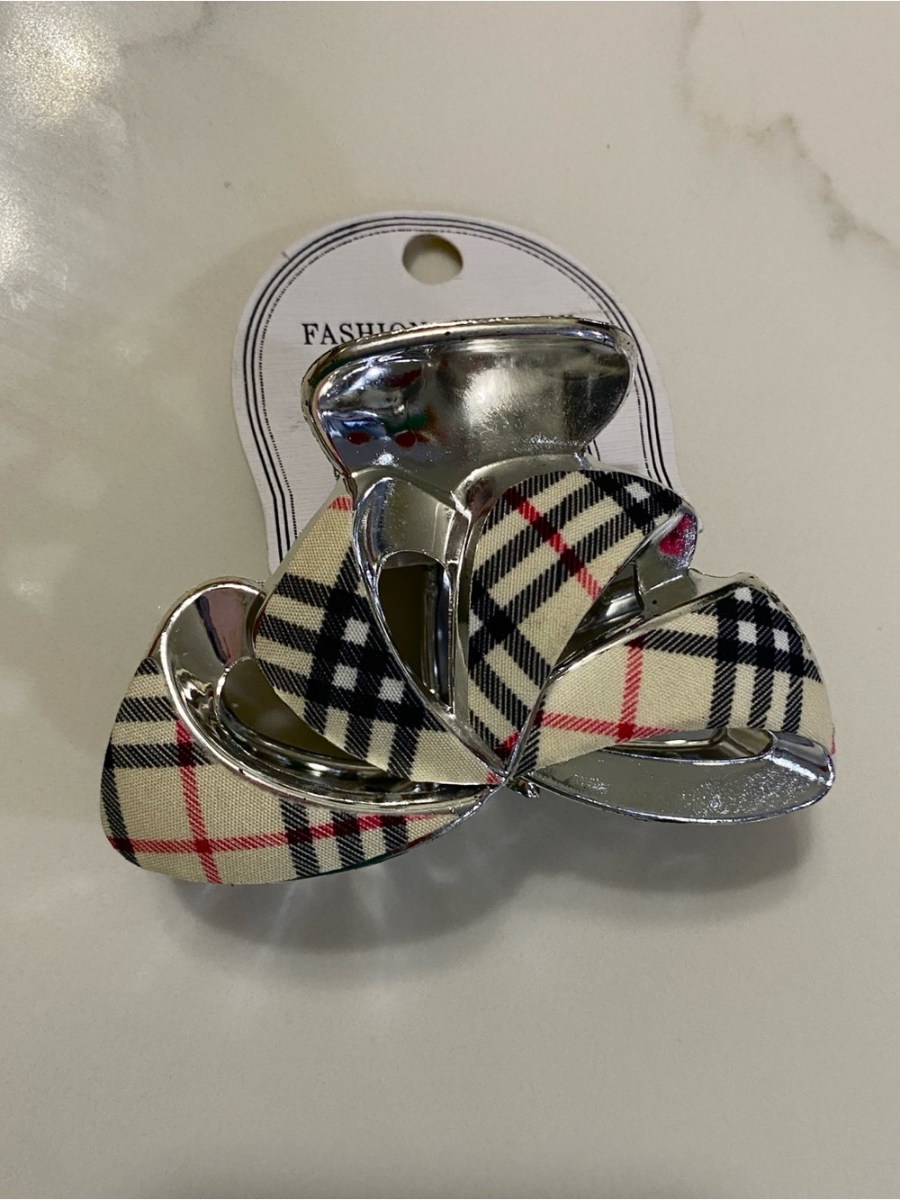 Plaid Fabric Flower Hair Clip - Cream, Black & Red